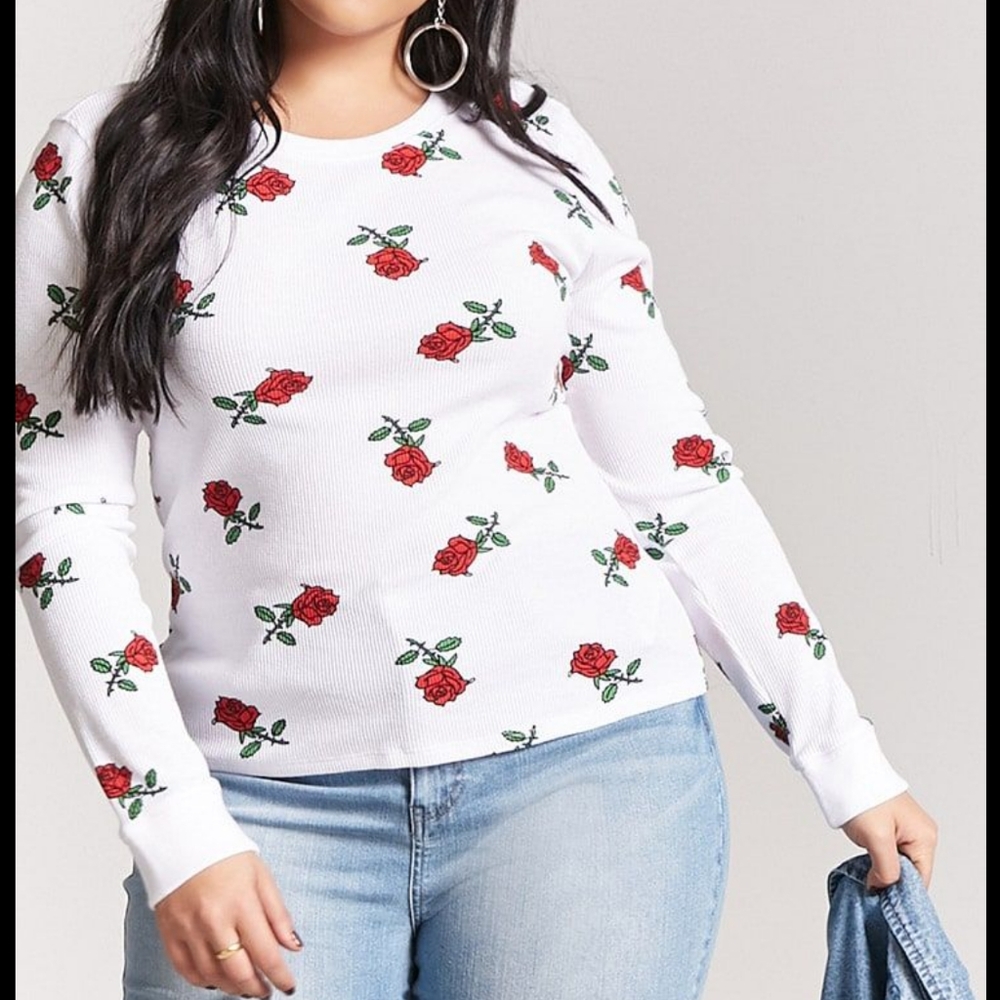 Forever21 Rose Print Waffle Knit Rose Print Top